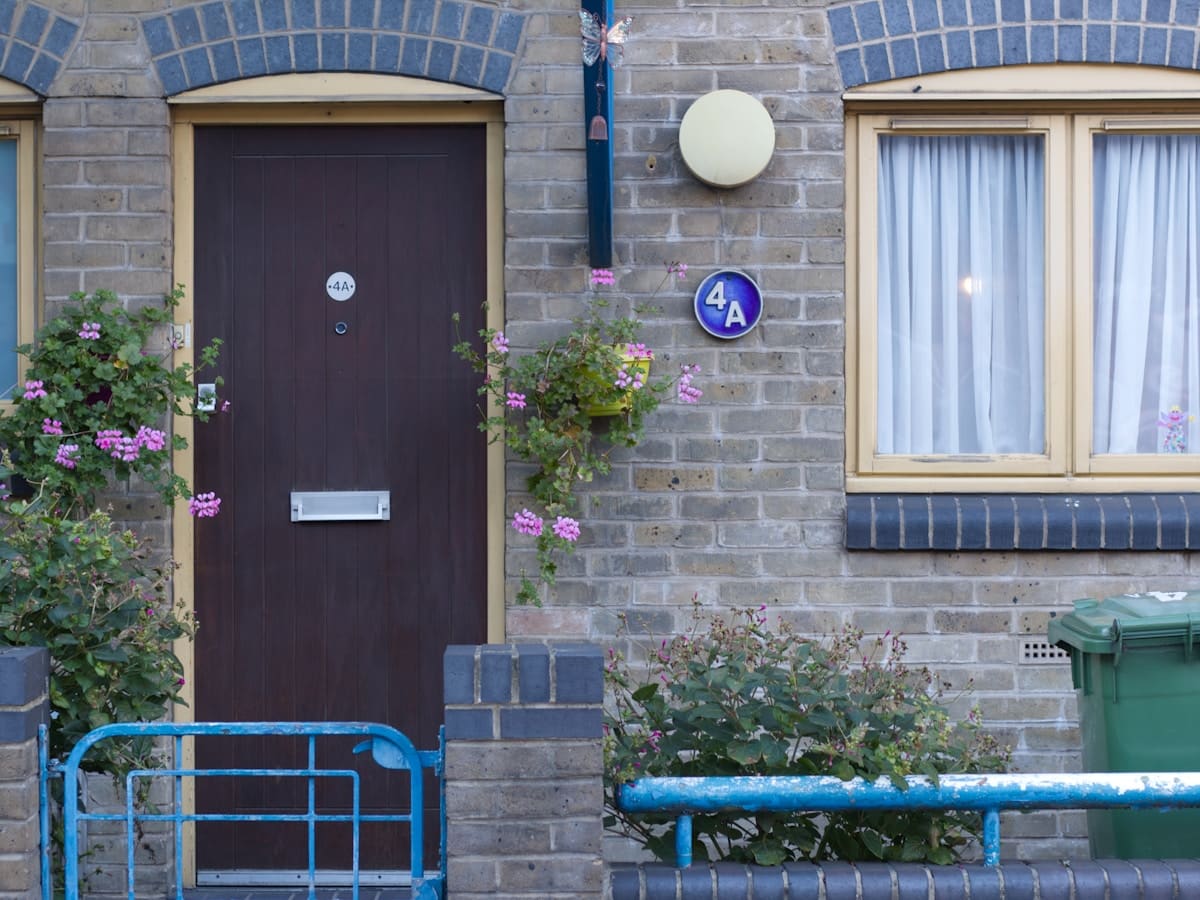 The front door of a brick house