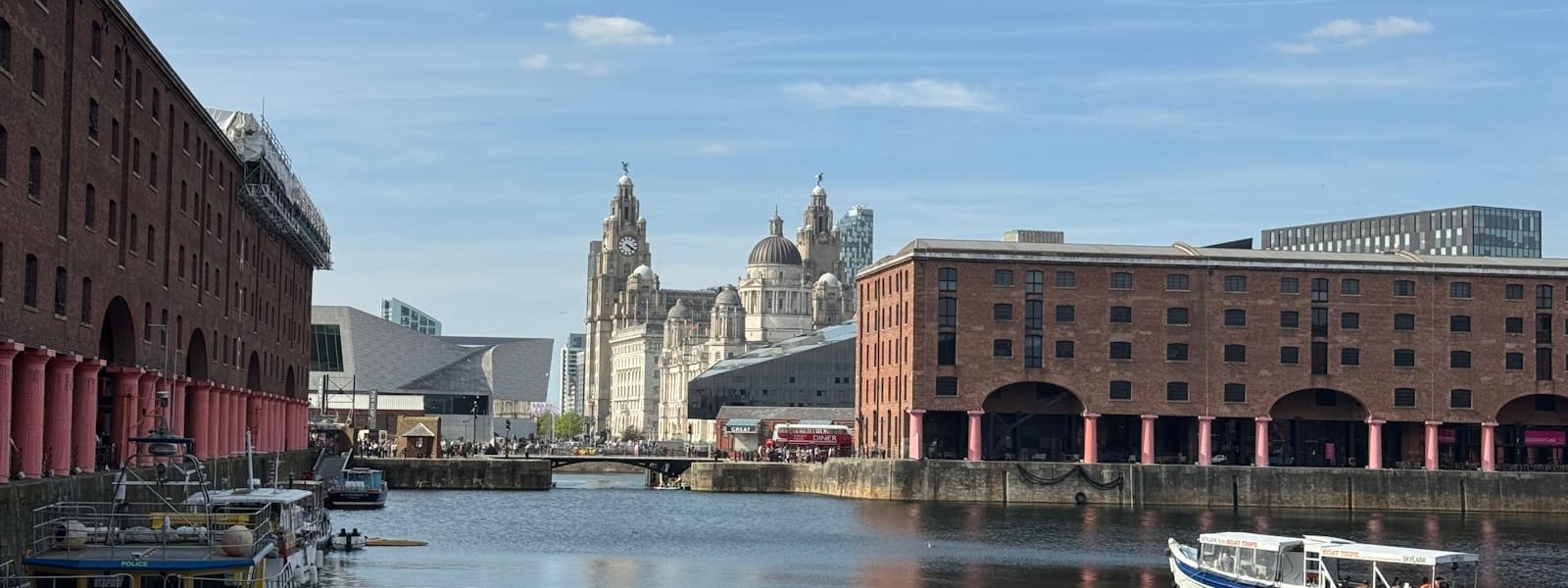 The Albert Dock in Liverpool, with the Royal Liver Building behind