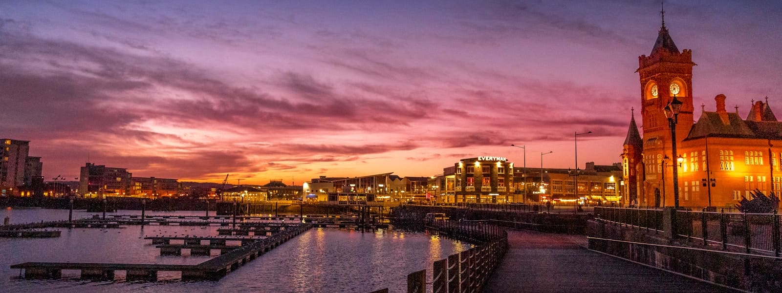Cardiff Bay and the Pierhead Building at sunset